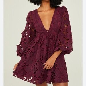 Alter'd State Burgundy Lace Y2K Floral Mini Dress Sz L Whimsygoth‎ Babydoll